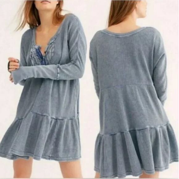 FREE PEOPLE One Jolene Waffle Knit Henley Mini Dress Dusty Blue Sz S {3D9} - Picture 1 of 5